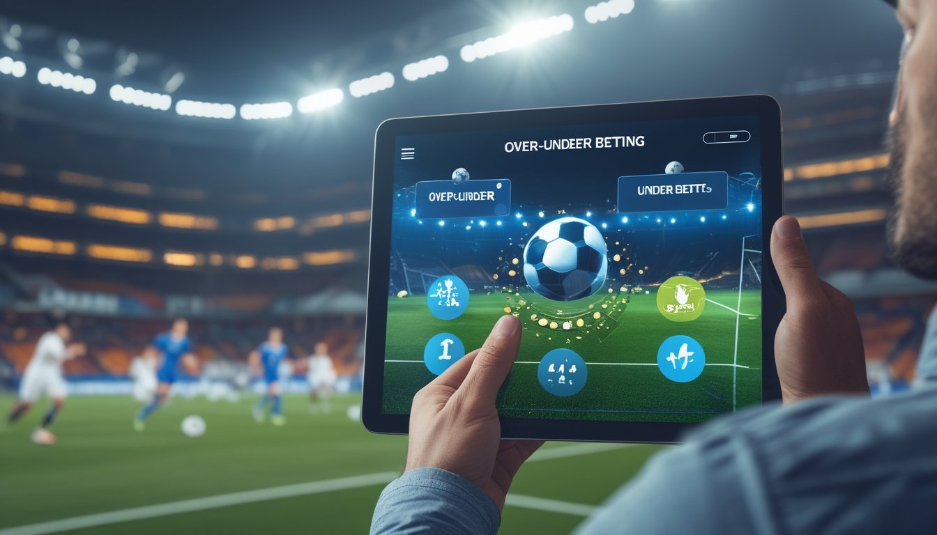 Seseorang memegang tablet yang menampilkan antarmuka taruhan over under dalam pertandingan sepak bola dengan stadion dan pemain sepak bola sedang bertanding di latar belakang.