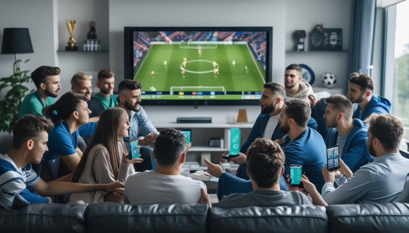Sekelompok penggemar sepak bola dari berbagai usia dan latar belakang sedang menonton pertandingan liga sepak bola Eropa di ruang tamu sambil berdiskusi dan menggunakan ponsel.