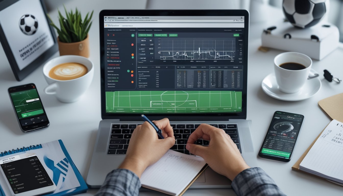 Seseorang sedang menganalisis statistik sepak bola di depan laptop di ruang kerja yang rapi.