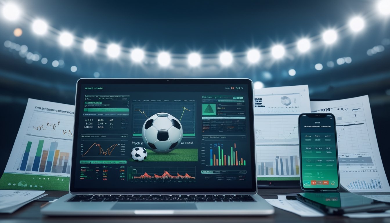Sebuah meja kerja dengan laptop yang menampilkan statistik sepak bola, grafik, dan ponsel dengan skor pertandingan, dengan latar belakang stadion sepak bola yang samar.