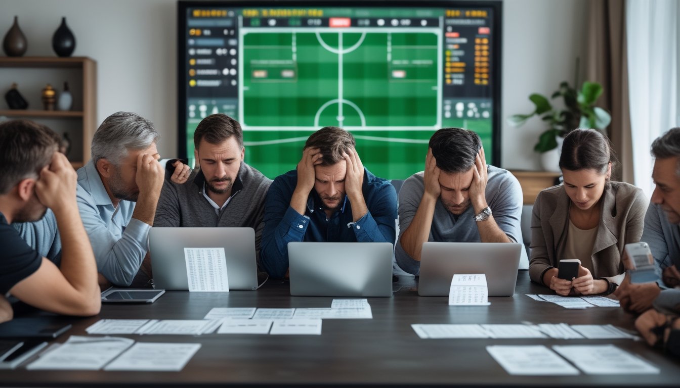 Sekelompok orang dewasa terlihat kecewa dan stres saat duduk di sekitar meja dengan laptop, ponsel, dan slip taruhan sepak bola di ruang tamu modern.