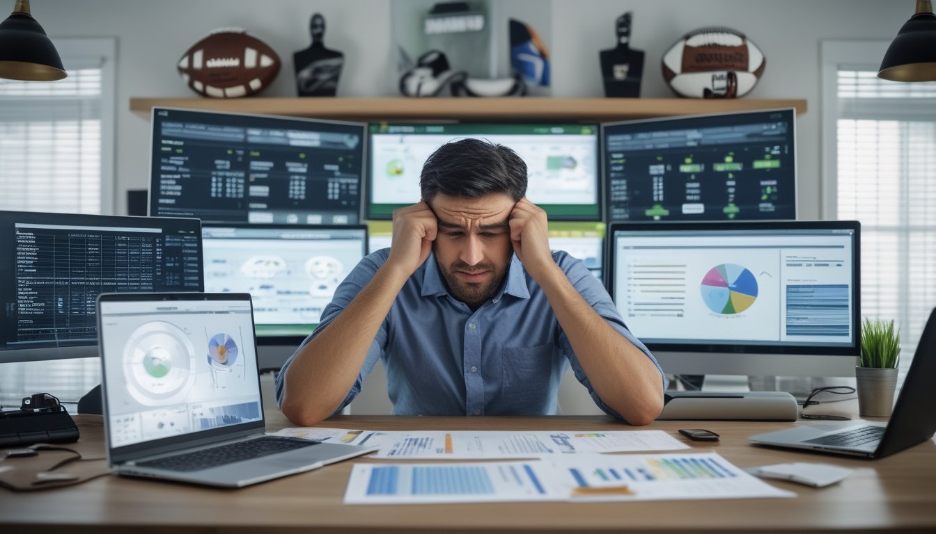 Seorang pria duduk di meja dengan ekspresi frustrasi, dikelilingi oleh layar komputer yang menampilkan statistik sepak bola dan grafik taruhan.