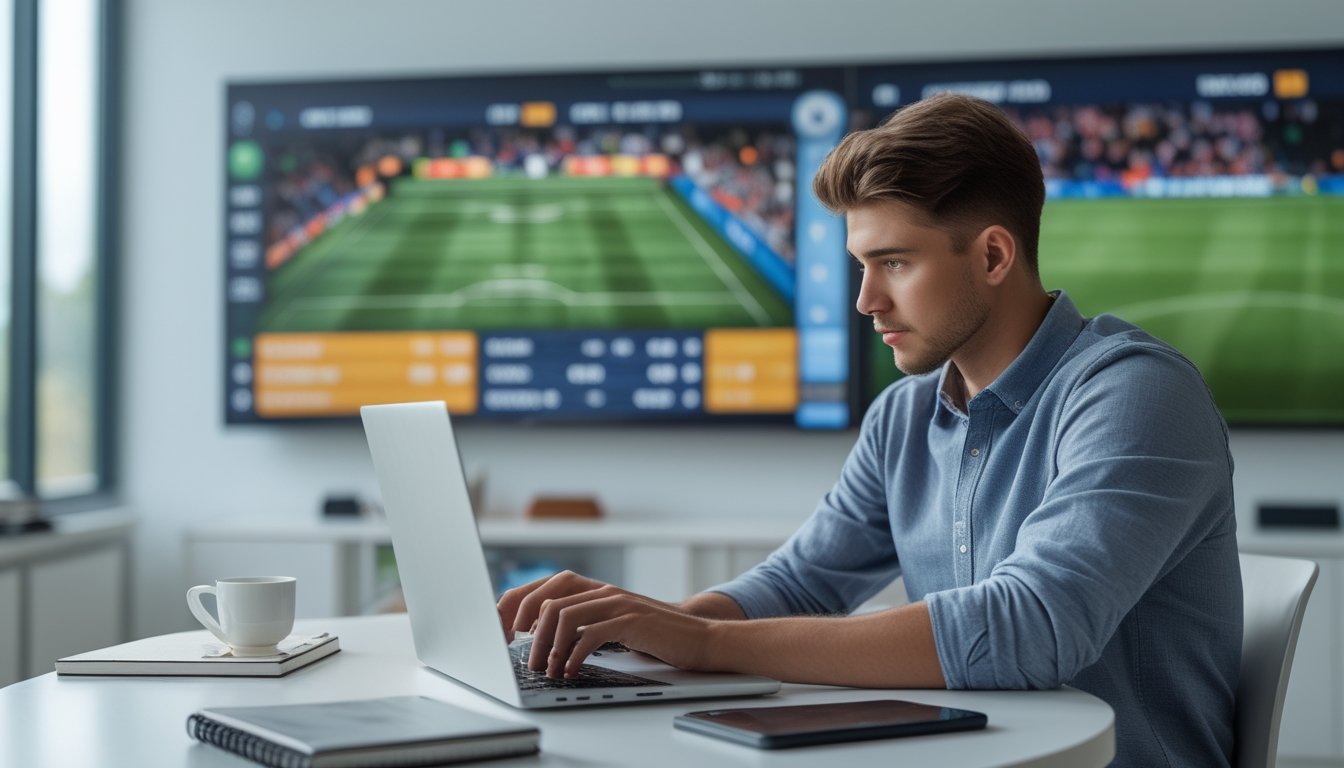 Seorang pria muda duduk di meja dengan laptop dan layar besar menampilkan data taruhan sepak bola, terlihat fokus dan sedang belajar teknik taruhan handicap.