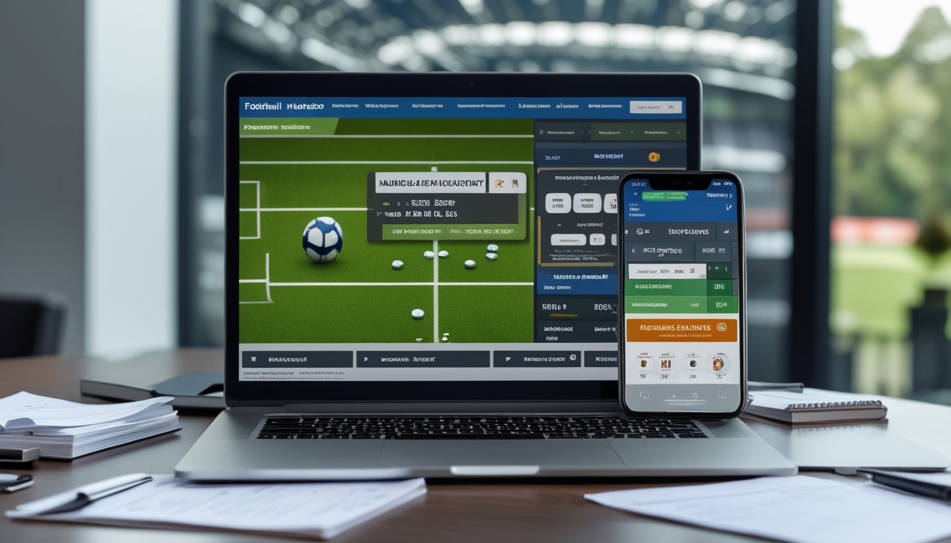 Seorang pria sedang menggunakan laptop dengan tampilan situs taruhan sepak bola, dikelilingi oleh catatan dan ponsel yang menampilkan skor pertandingan sepak bola.