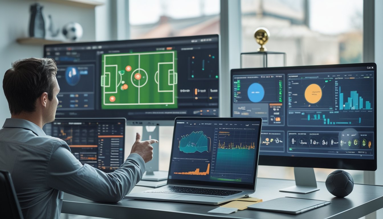 Seorang analis sedang memeriksa data pertandingan sepak bola di beberapa layar komputer di ruang kerja modern.