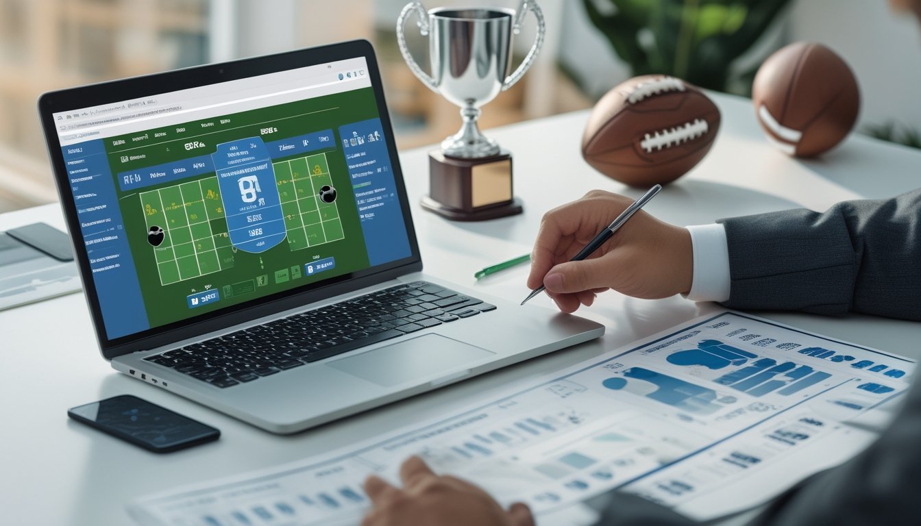 Meja kerja dengan laptop yang menampilkan situs taruhan sepak bola, tangan seseorang menunjuk grafik dan statistik taruhan, serta bola sepak dan trofi kecil di latar belakang.