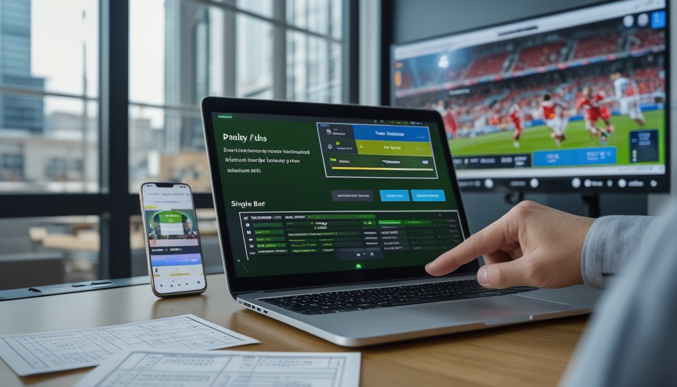 Meja kerja dengan laptop dan smartphone yang menampilkan aplikasi taruhan sepak bola, layar besar menampilkan pertandingan sepak bola langsung.