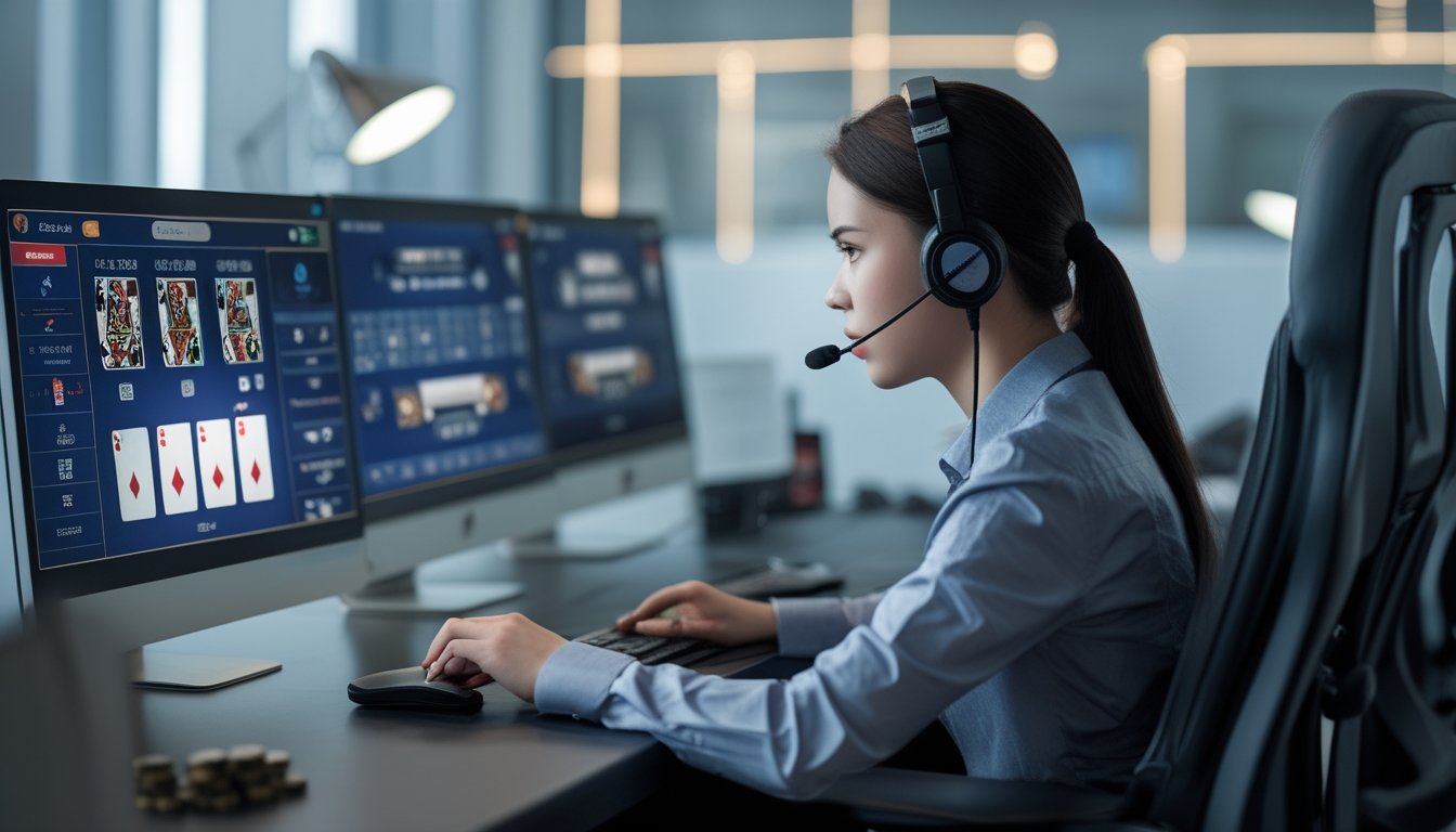 Seorang dealer ceme online profesional sedang bekerja di depan beberapa monitor komputer yang menampilkan permainan poker digital.
