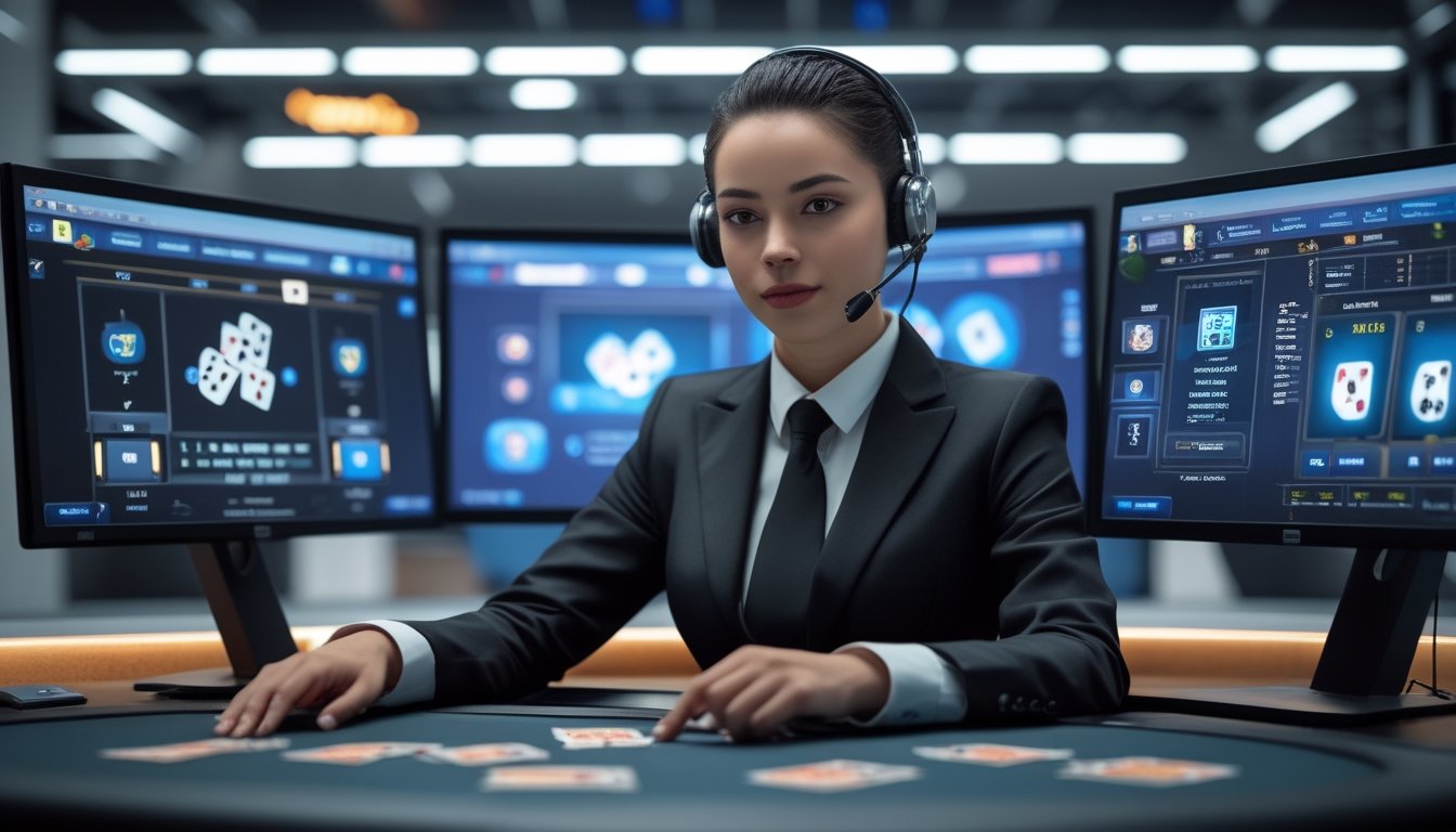 Seorang dealer poker online sedang mengelola permainan Ceme di depan komputer dengan beberapa layar di meja kerja modern.