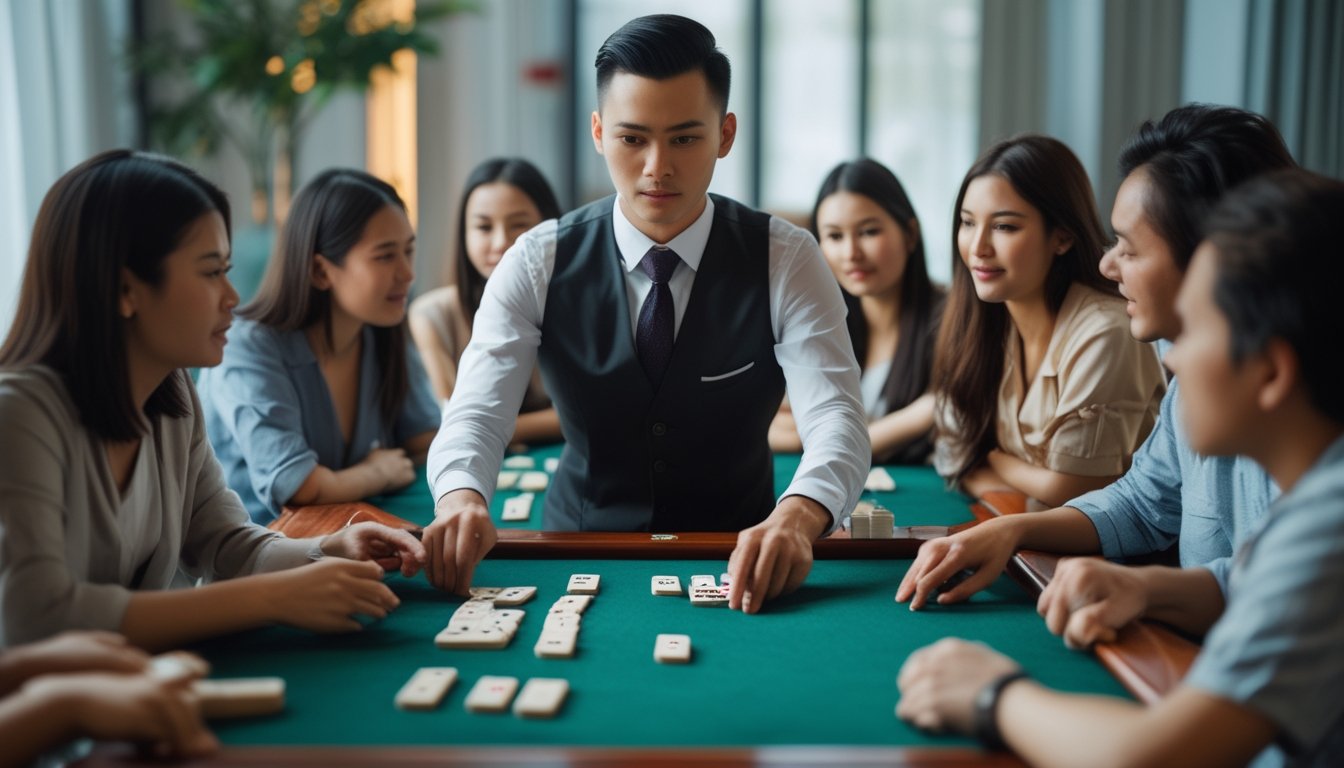 Seorang dealer Ceme sedang mengatur kartu domino di meja permainan dengan beberapa pemain yang fokus mengamati di sekitarnya.