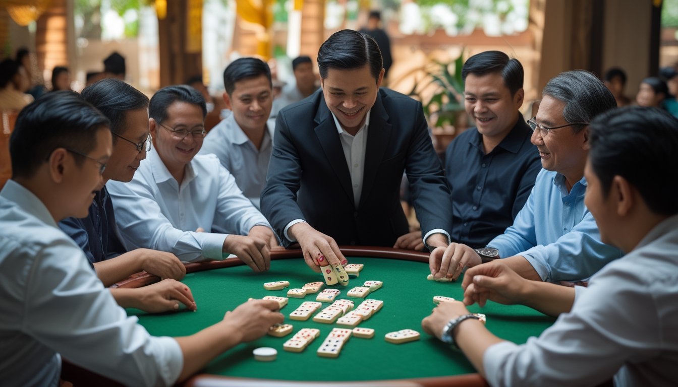 Sekelompok orang sedang bermain permainan Ceme Keliling di meja bundar dengan dealer yang membagikan kartu domino.