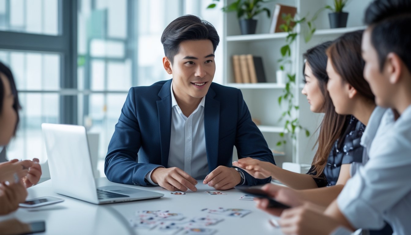 Seorang pria muda sedang menjelaskan strategi permainan kepada sekelompok pemula di kantor modern.