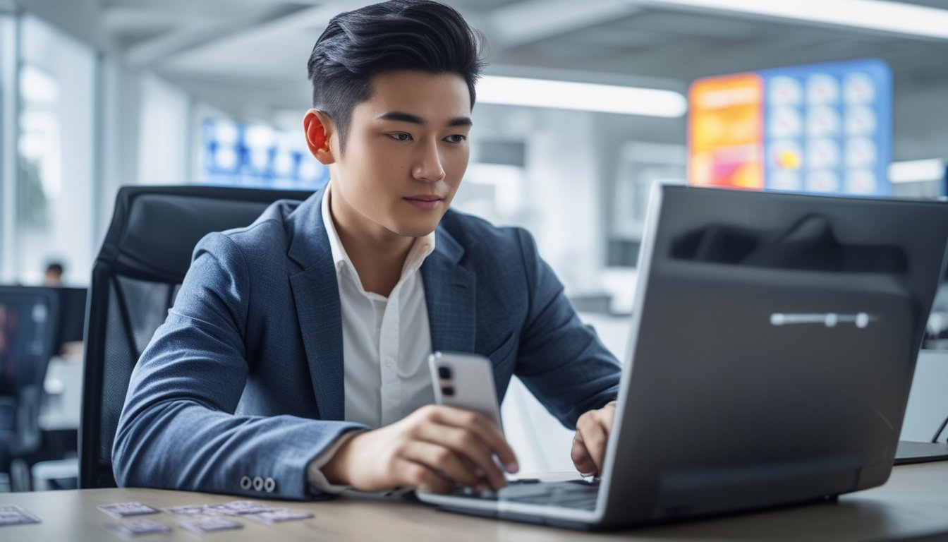 Seorang pria muda duduk di meja kantor dengan laptop dan ponsel, terlihat fokus dan profesional dalam suasana kantor modern.