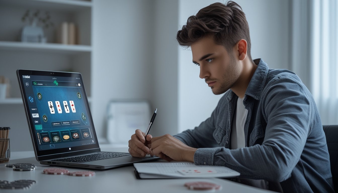 Seorang pria muda duduk di meja modern sambil fokus melihat layar laptop dan mencatat strategi permainan kartu online.