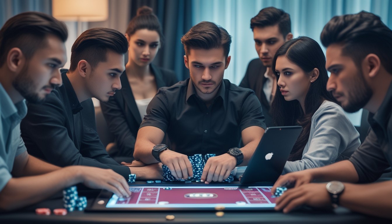 Seorang dealer dan beberapa pemain sedang fokus bermain permainan Ceme online di sekitar meja digital.