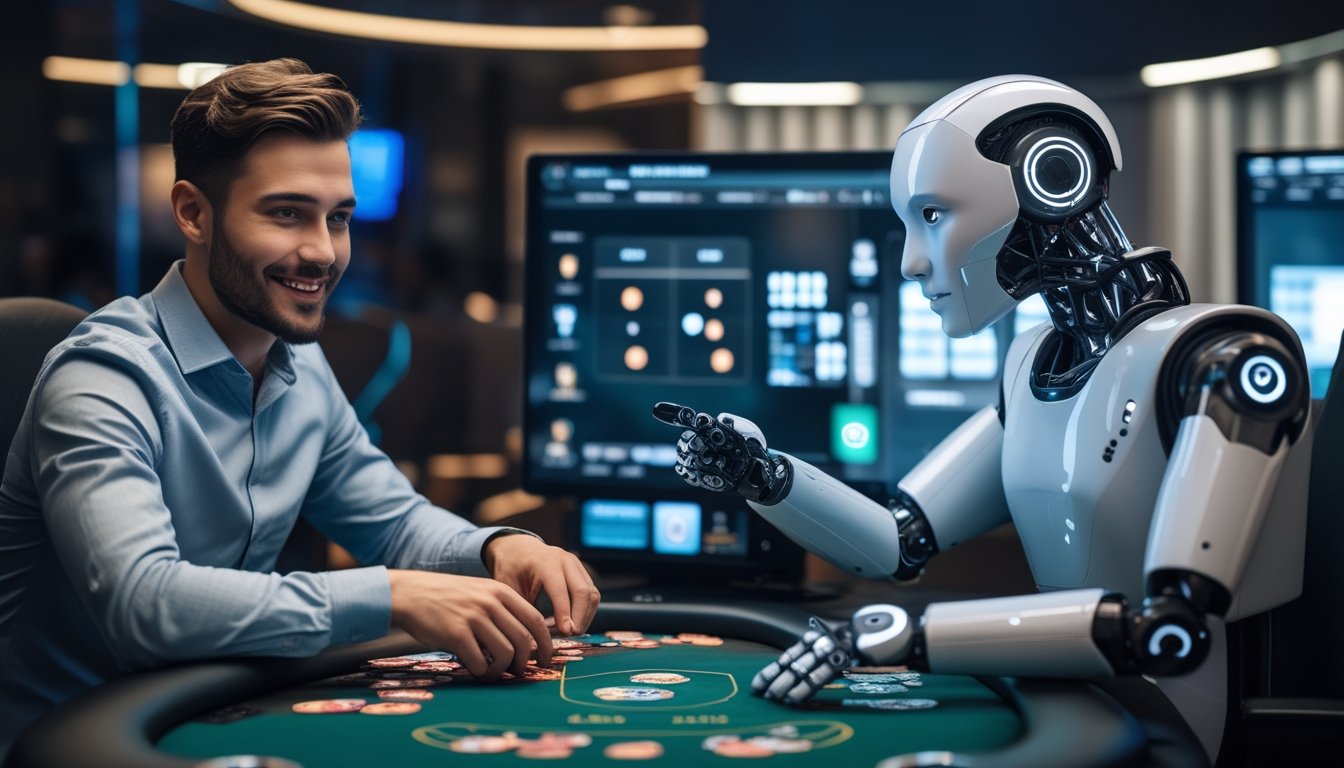 Perbandingan antara dealer manusia asli dan robot dalam permainan poker online di meja poker dengan kartu dan chip.