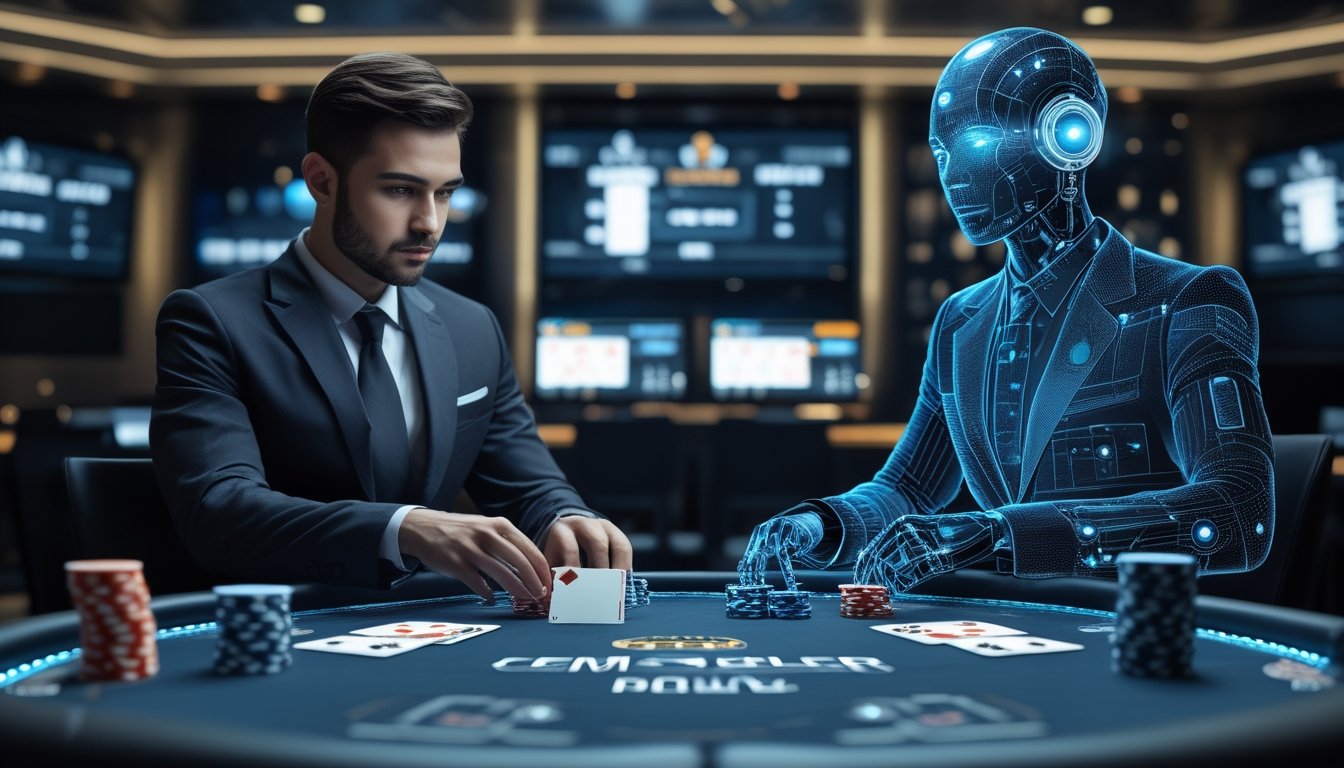 Seorang dealer poker profesional manusia sedang membagikan kartu di meja poker digital, dengan representasi holografik atau robot sebagai dealer bot di sisi lain meja.