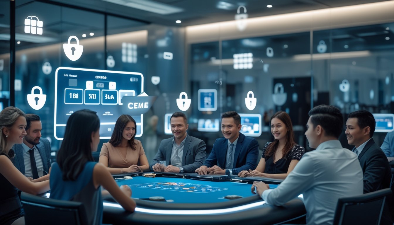 Orang-orang bermain permainan ceme dealer live secara online di meja digital dengan suasana yang aman dan transparan.