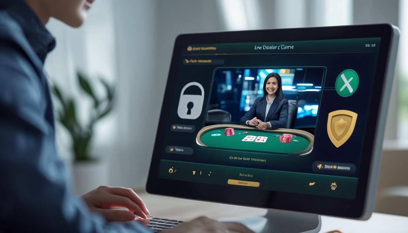 Seorang dealer live yang ramah sedang bermain ceme online di komputer dengan suasana yang aman dan profesional.