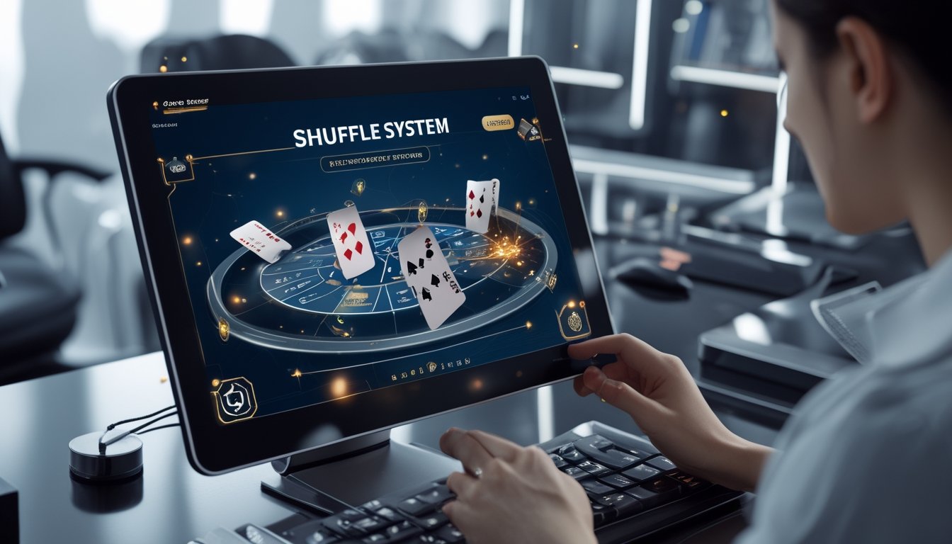 Seorang pemain fokus menggunakan perangkat digital dengan tampilan kartu yang sedang diacak dalam permainan Ceme online.