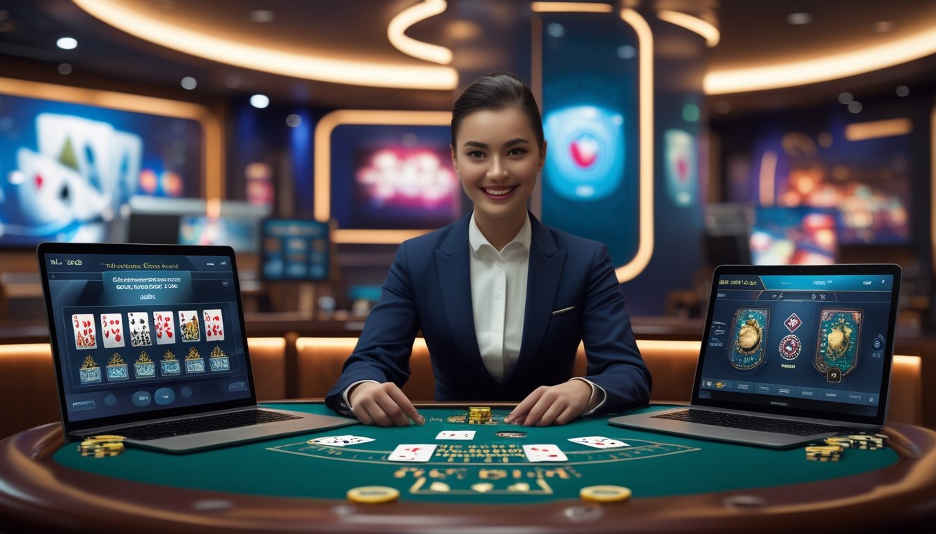 Seorang dealer profesional duduk di meja permainan kartu dengan kartu dan chip, dikelilingi perangkat digital yang menampilkan permainan kartu online.