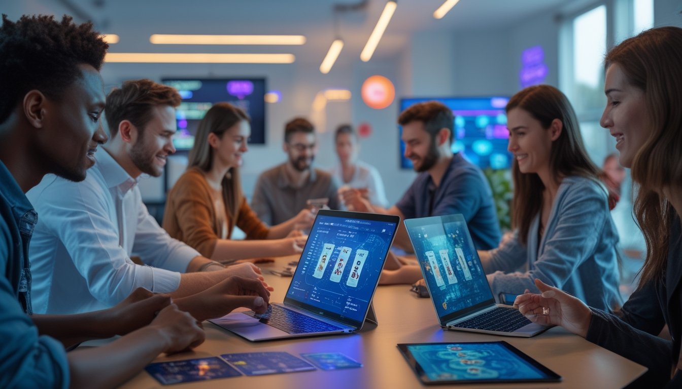 Beberapa orang bermain permainan kartu online menggunakan laptop dan tablet di ruangan modern yang terang.