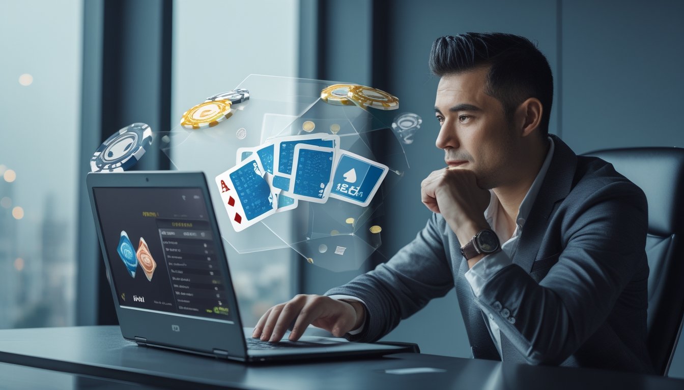 Seorang pria dewasa duduk di depan laptop dengan tampilan permainan kartu online, terlihat fokus dan berhati-hati.