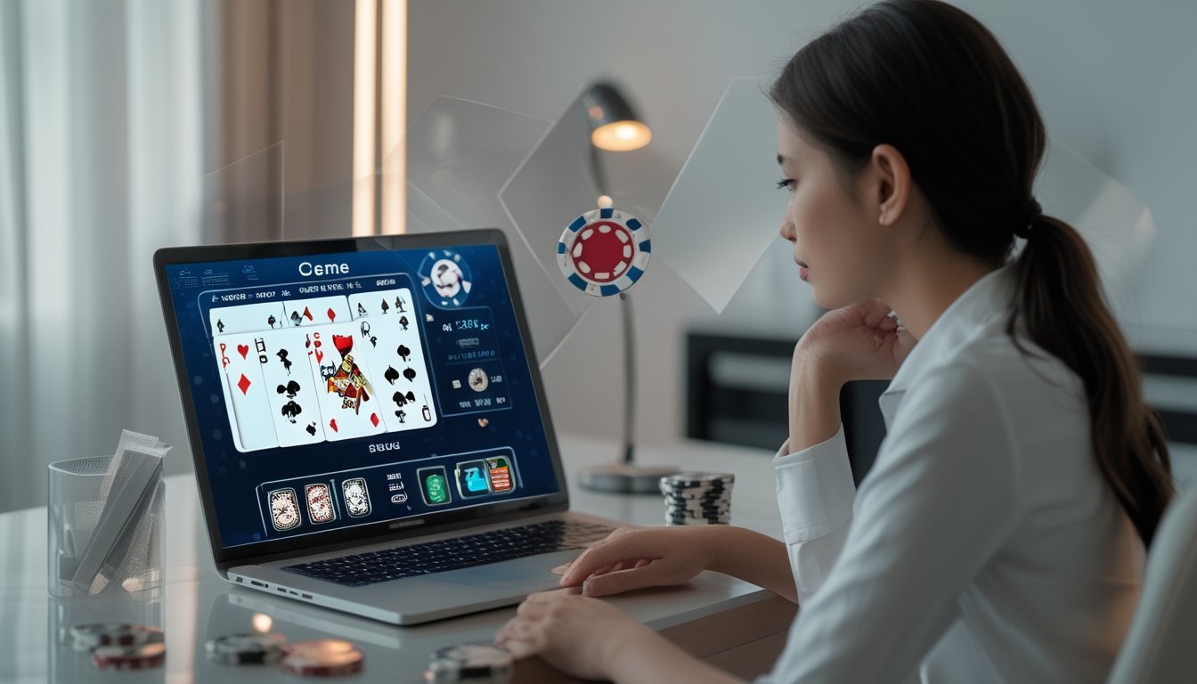 Seorang pemain duduk di depan laptop bermain permainan kartu Ceme melawan dealer online dalam ruangan yang terang.
