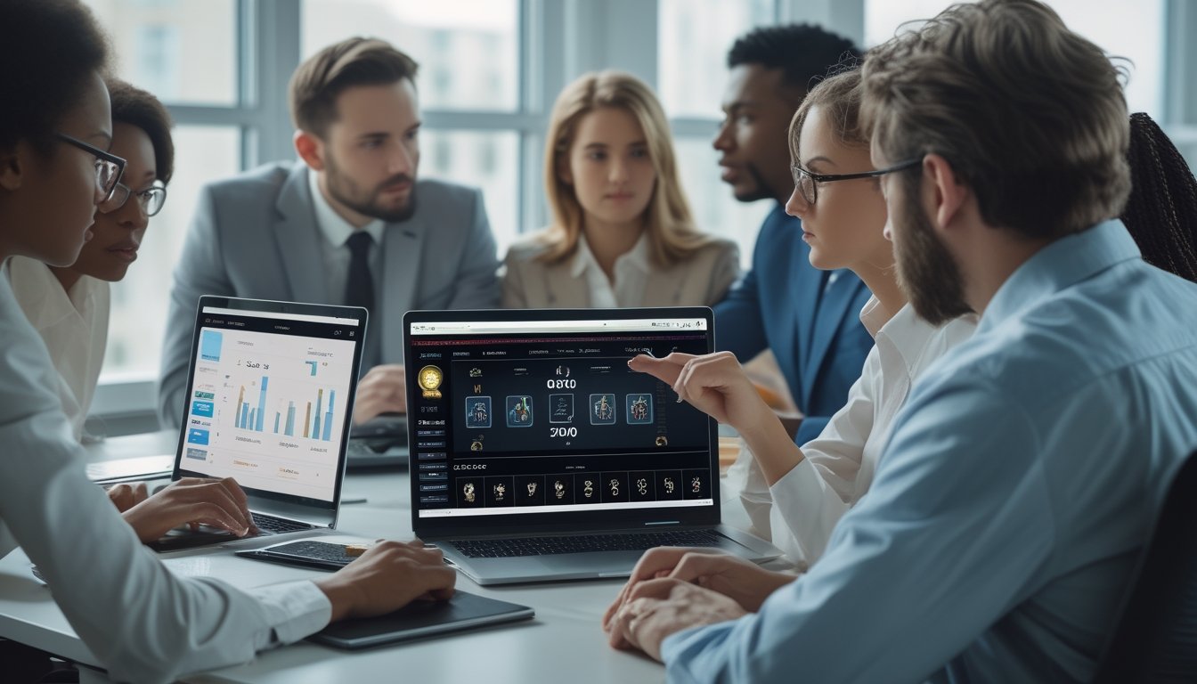 Sekelompok orang sedang berdiskusi serius di ruang kantor dengan laptop yang menampilkan permainan kartu digital dan layar monitor dengan grafik data.