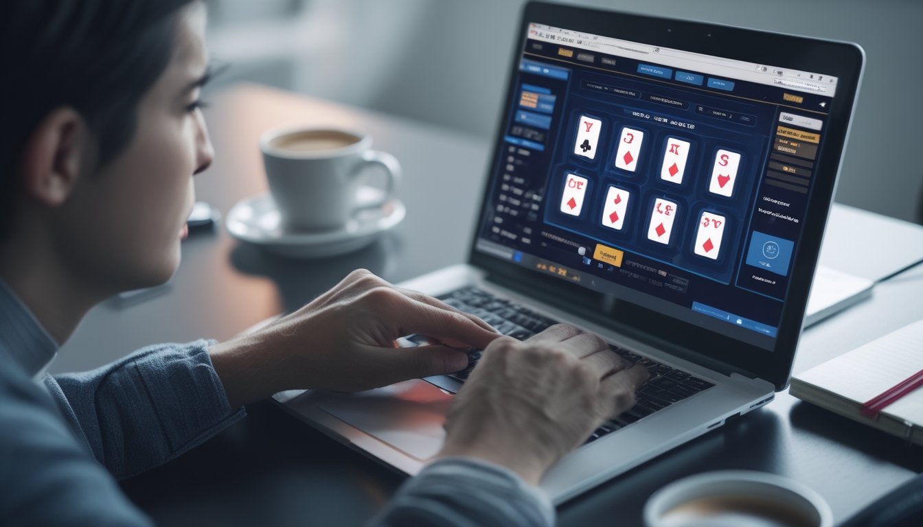 Seseorang sedang fokus bermain permainan kartu secara online di laptop di ruang kerja modern.
