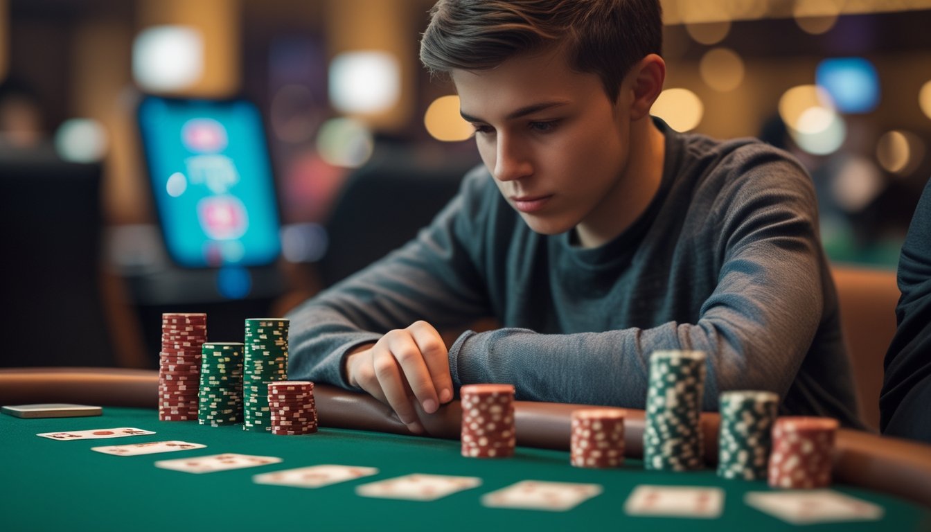 Seorang pemula sedang belajar bermain Spin & Go Poker di meja poker dengan kartu dan chip.