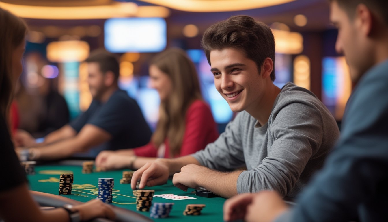 Seorang dewasa muda duduk di meja poker dengan chip dan kartu, fokus bermain permainan Spin & Go di kasino.