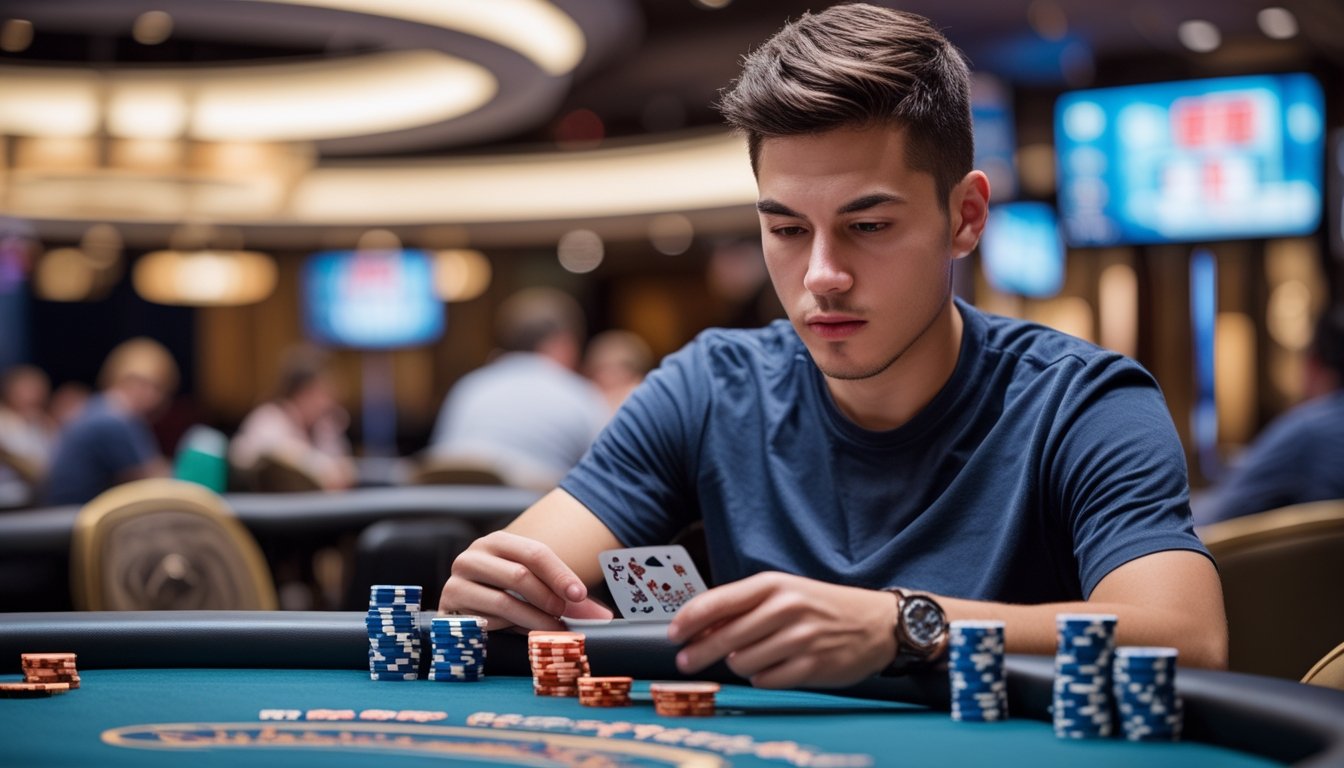 Seorang pria muda sedang bermain poker dengan serius di meja poker di kasino modern.