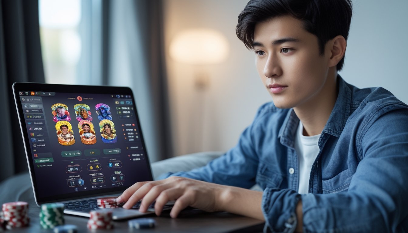 Seorang pemain muda sedang fokus bermain poker Spin & Go secara online dengan laptop di meja yang rapi.