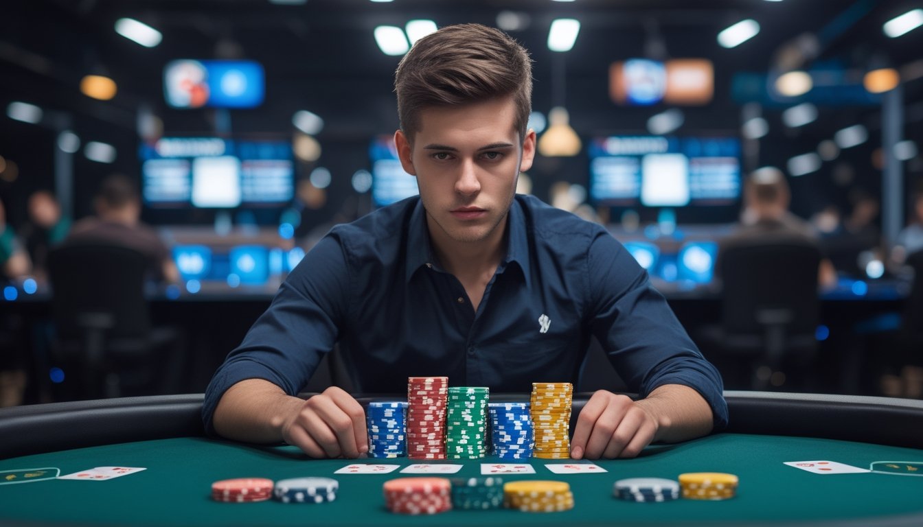 Seorang pemain poker fokus duduk di meja poker dengan tumpukan chip dan layar komputer menampilkan permainan poker online di latar belakang.