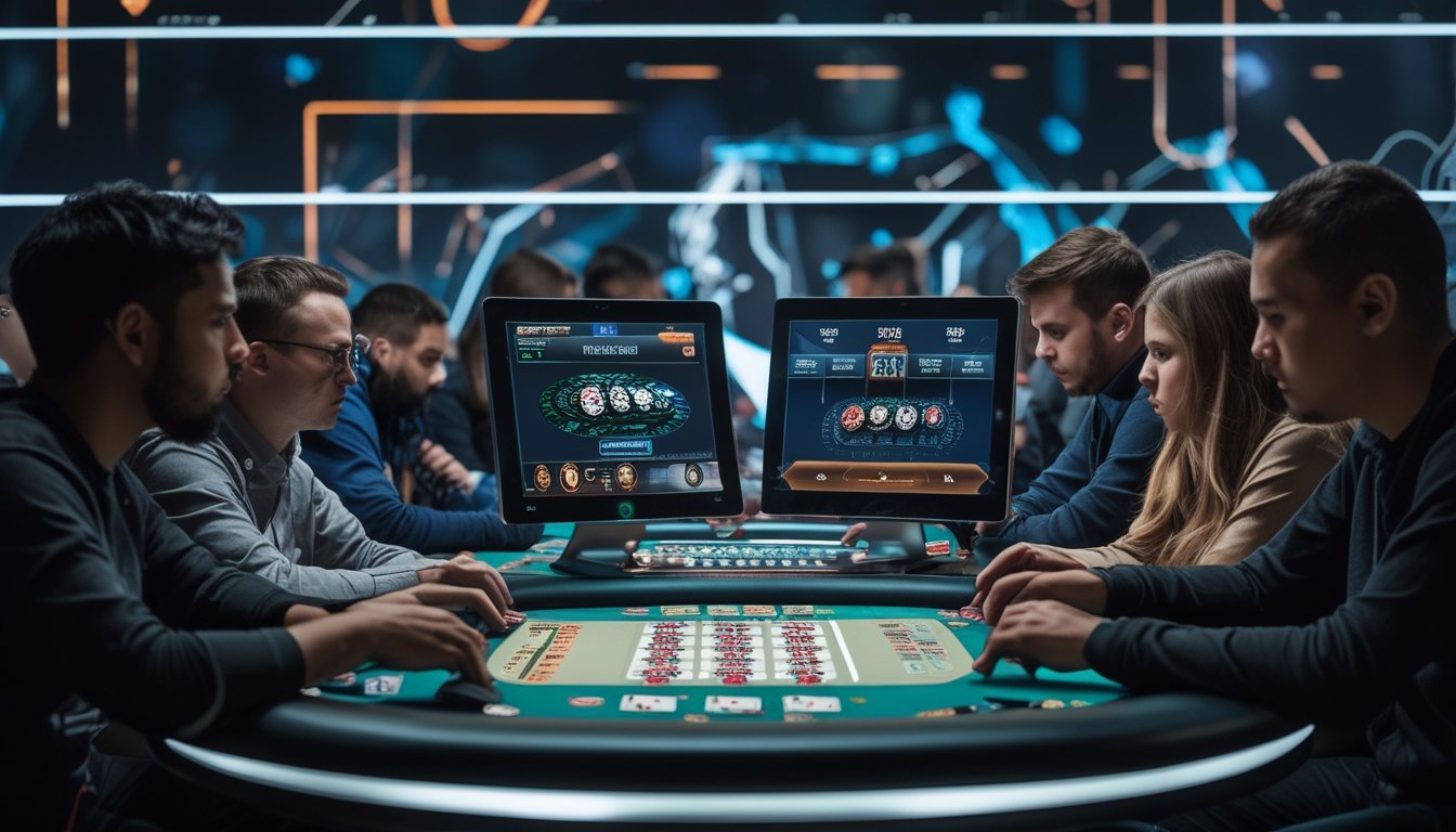 Beberapa pemain poker sedang fokus bermain di meja poker modern dengan layar komputer yang menampilkan permainan poker online.