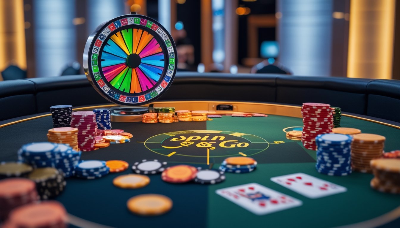 Meja poker dengan dua bagian yang menunjukkan perbedaan antara Spin & Go dan Sit and Go, dengan roda putar di satu sisi dan tumpukan chip serta kartu di sisi lain.