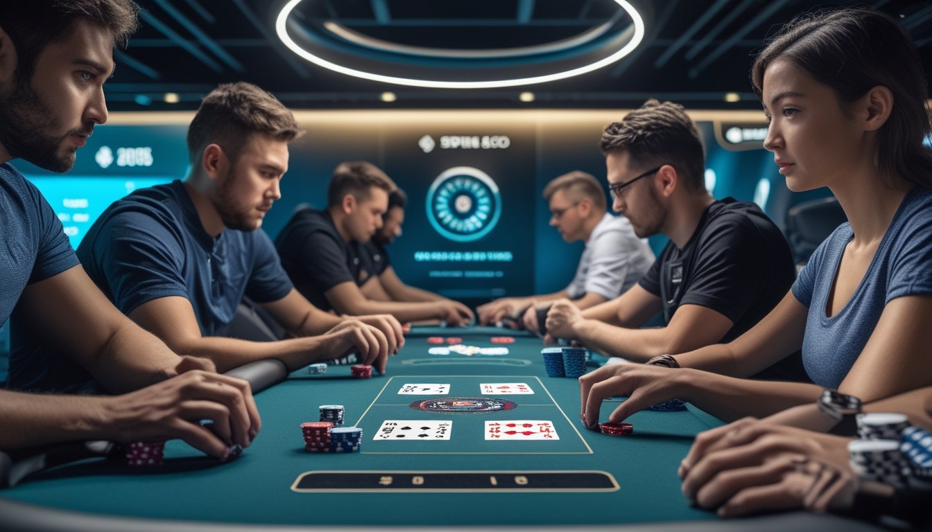 Beberapa pemain poker sedang bermain di meja poker dengan chip dan kartu, menampilkan suasana dua jenis permainan poker yang berbeda.