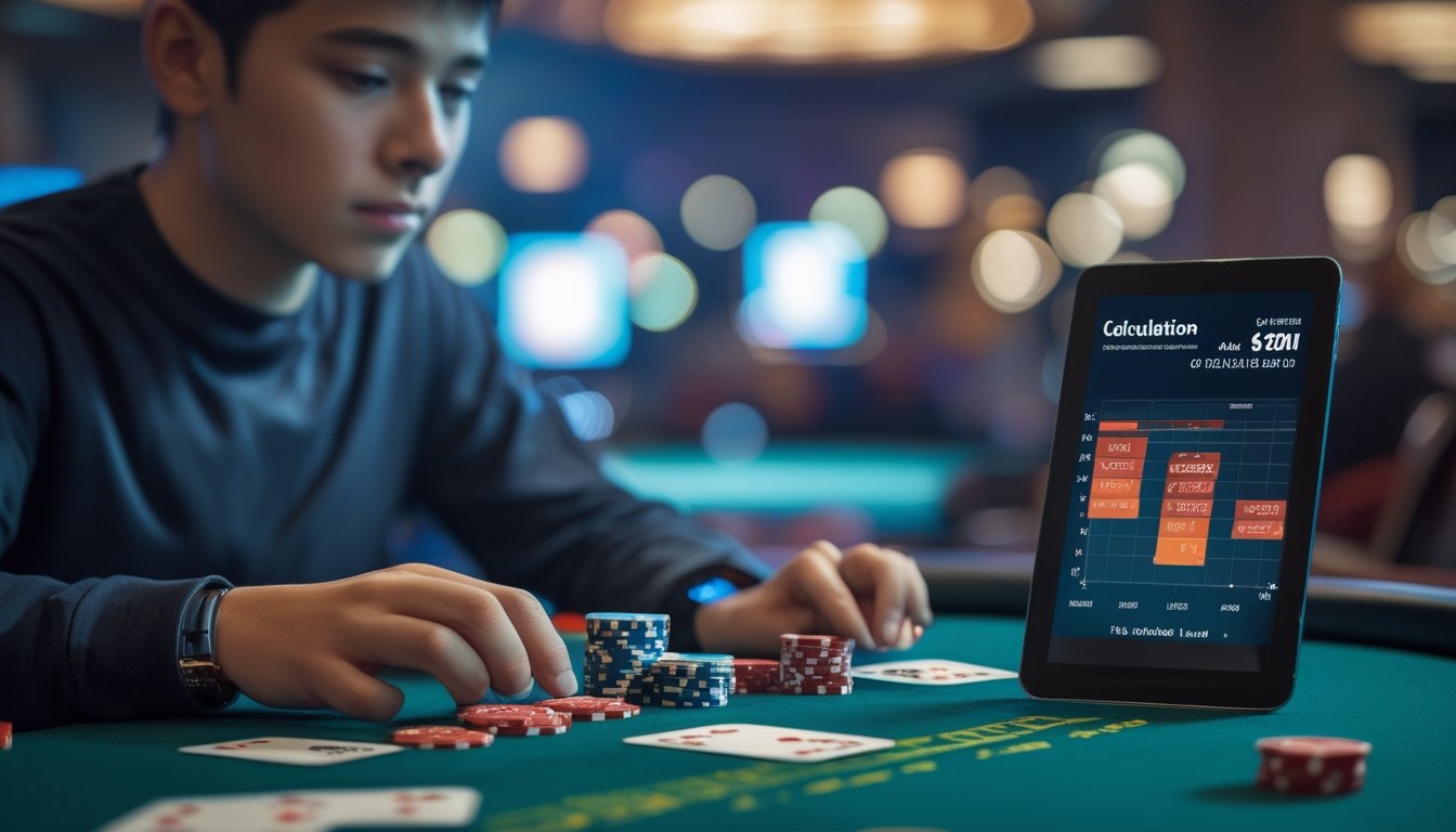 Seseorang sedang menghitung peluang kemenangan di meja poker dengan kartu, chip, dan perangkat digital.