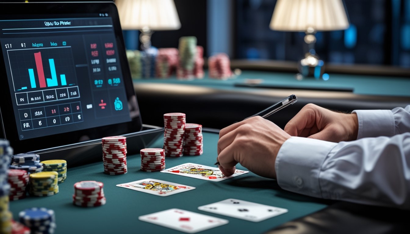 Seorang pemain poker sedang menghitung peluang kemenangan di meja poker dengan chip, kartu, dan perangkat digital yang menampilkan data statistik.