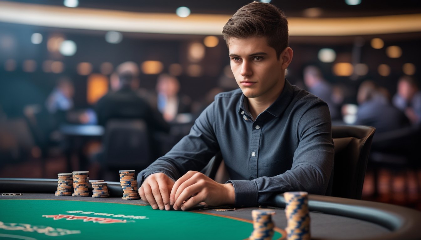 Seorang pemain poker sedang fokus bermain di meja poker dengan tumpukan chip dan kartu di tangan.