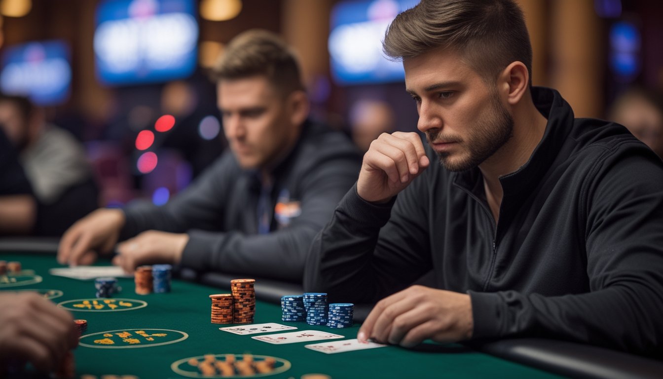 Seorang pemain poker dewasa yang fokus sedang duduk di meja poker dengan tumpukan chip dan kartu, menunjukkan suasana permainan Spin & Go yang serius.