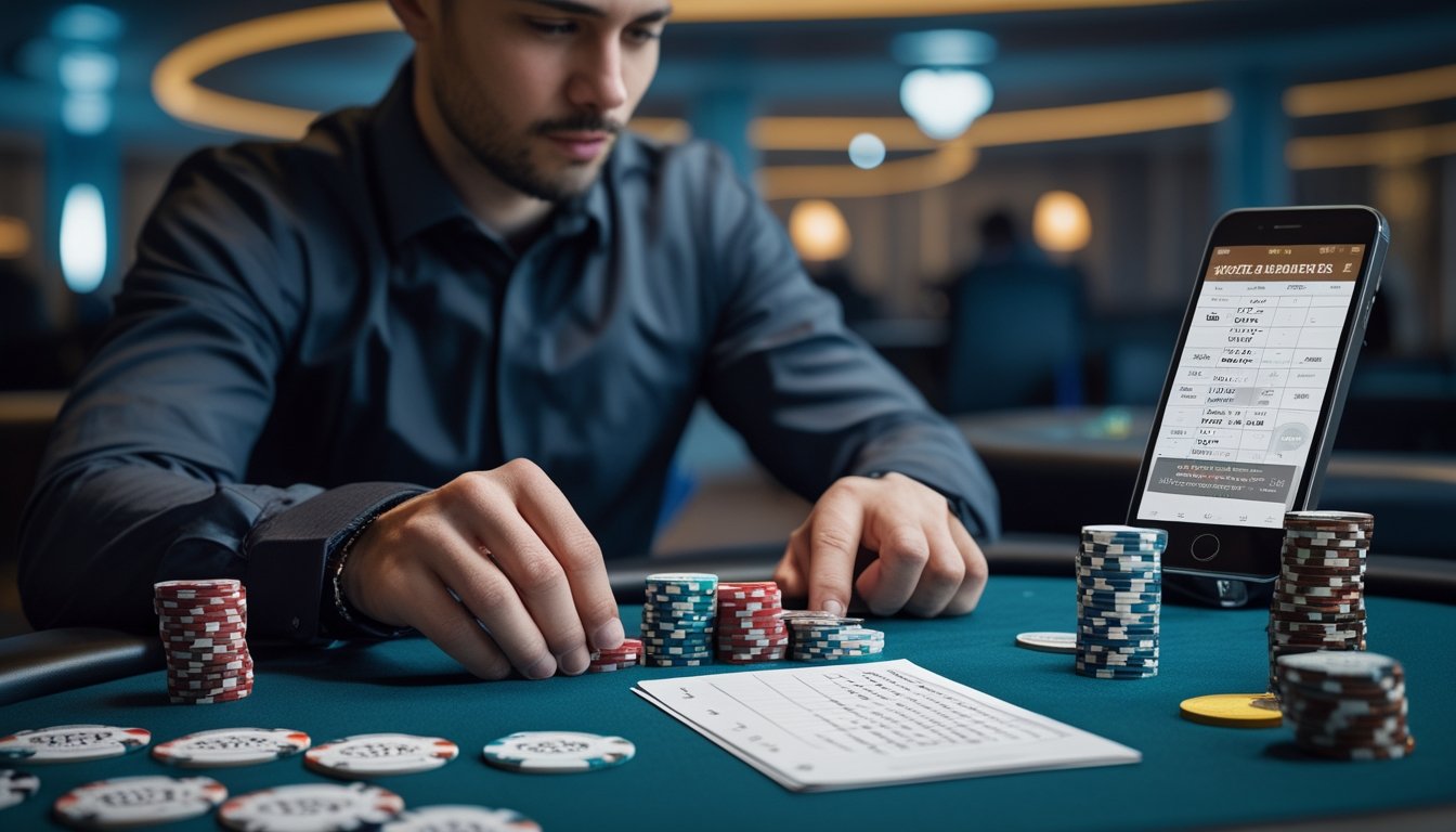 Seorang pemain poker sedang menghitung dan mengatur tumpukan chip di meja poker dengan latar ruangan poker yang modern.