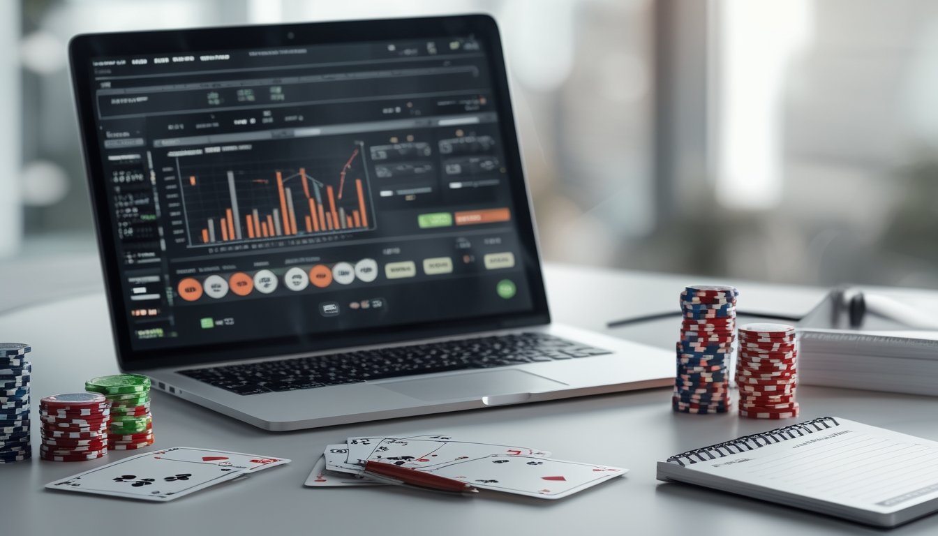 Meja kerja dengan laptop yang menampilkan statistik poker, tumpukan chip poker, kartu bermain, dan buku catatan dengan pena.