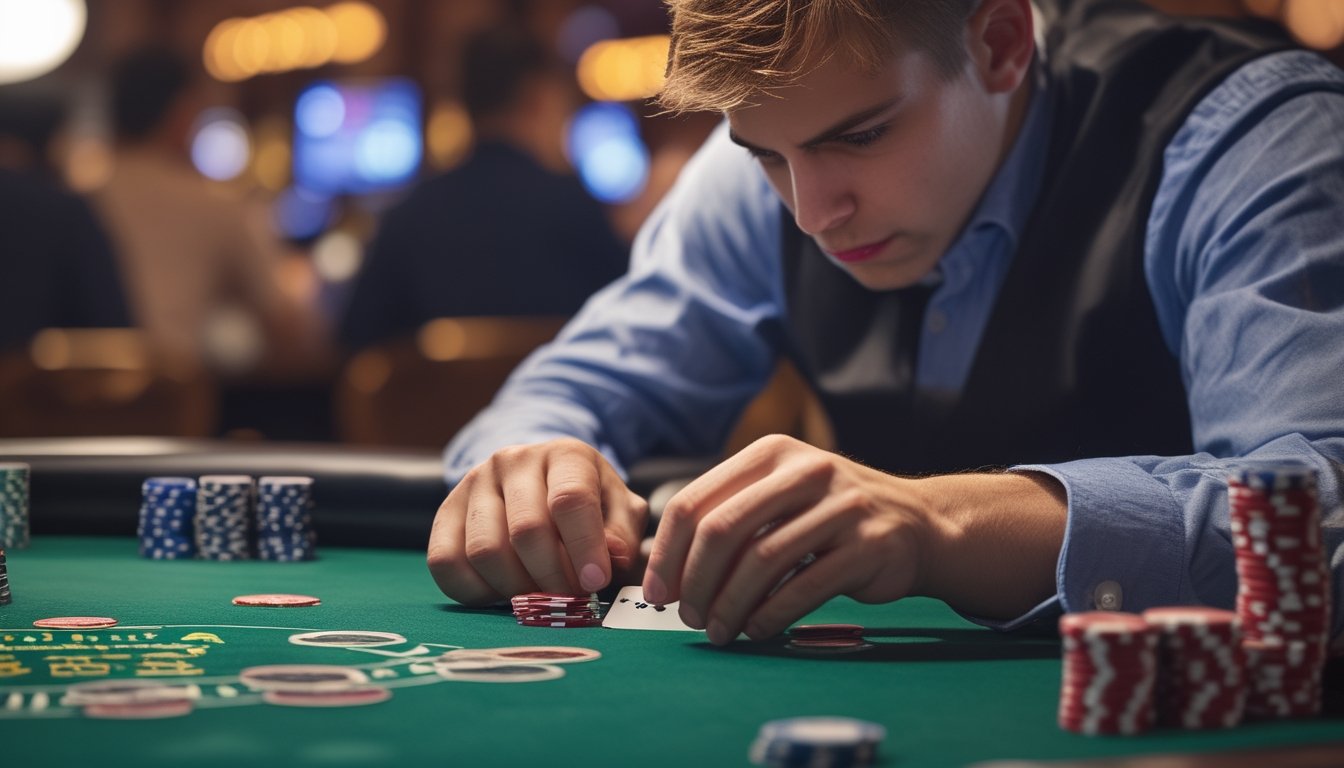 Seorang pria muda sedang bermain poker di meja kasino dengan ekspresi fokus dan tangan memegang kartu serta chip poker.