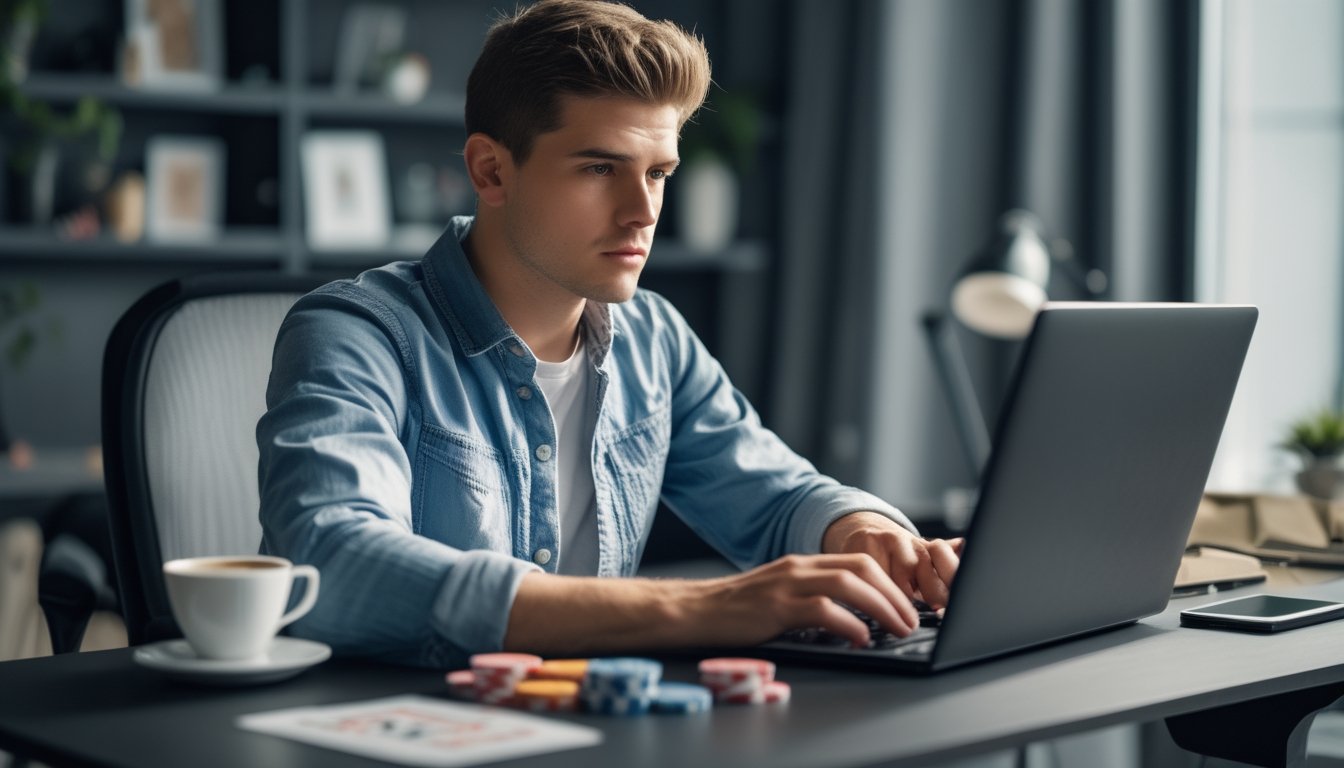 Seorang pria muda fokus bermain poker online di depan laptop dengan chip poker dan kartu di meja.