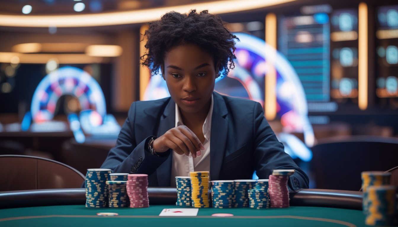 Seseorang duduk di meja poker dengan tumpukan chip dan kartu, terlihat fokus dan serius dalam bermain.