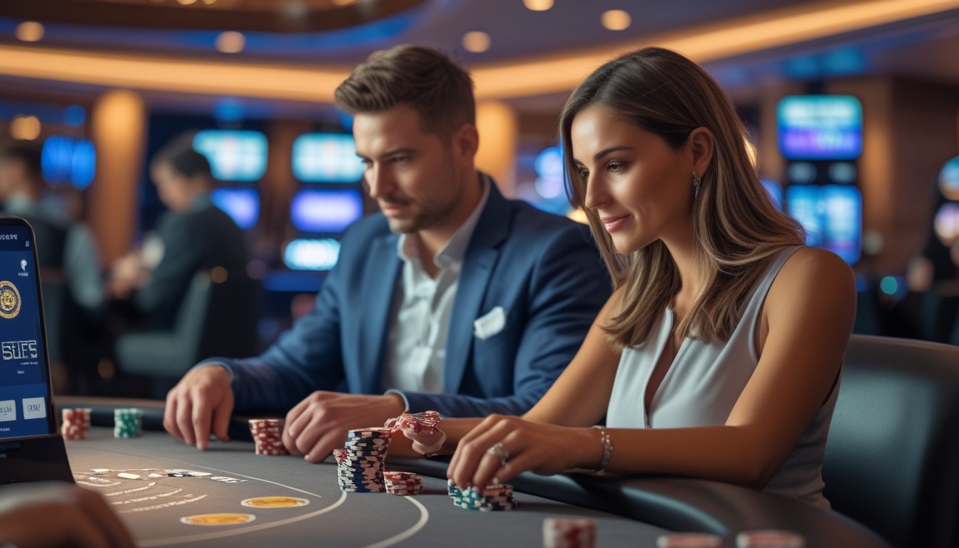 Dua orang dewasa bermain poker di meja kasino dengan suasana yang aman dan profesional.