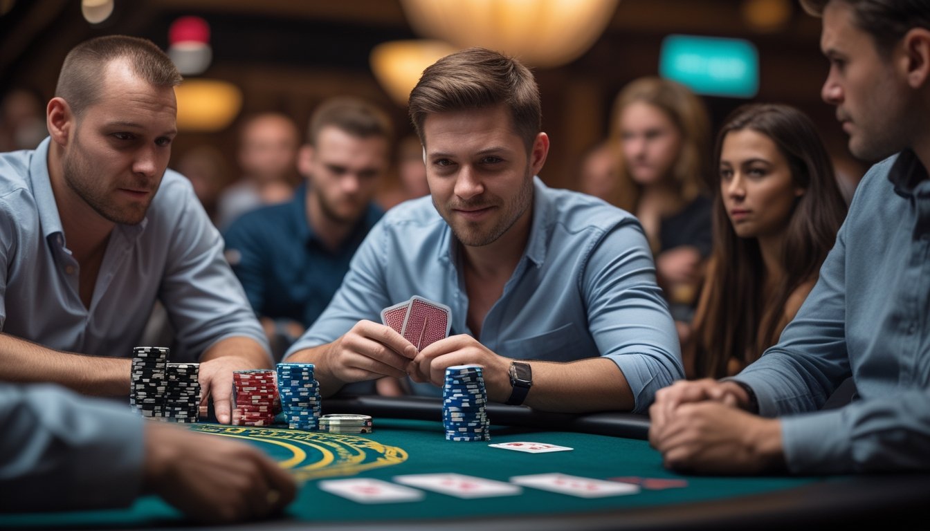 Seorang pemain poker sedang melakukan bluffing dengan tenang di meja poker Spin & Go, bersama pemain lain yang memperhatikan dengan serius.