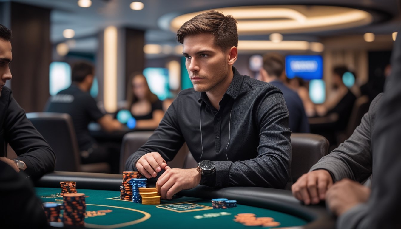 Seorang pemain poker fokus duduk di meja poker dengan ekspresi percaya diri saat melakukan bluffing dalam turnamen Spin & Go.